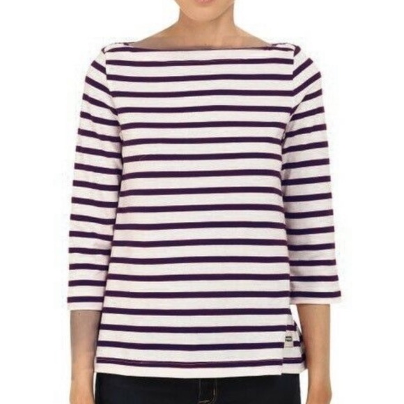Kate Spade Stripe Brooke Street Ruffle Blue & Cream Pima Cotton Top Large - Picture 3 of 9